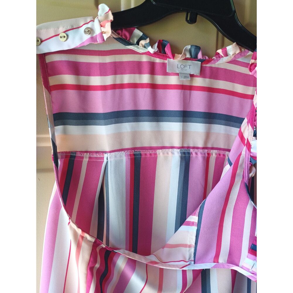 LOFT Outlet Striped Sleeveless Ruffle Collar Blouse Button-Shoulder Detail L - Picture 5 of 5